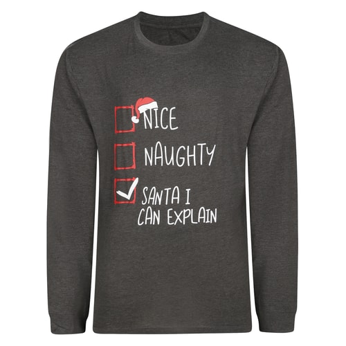 Bigdude Santa List Print Long Sleeve T-Shirt Charcoal Marl